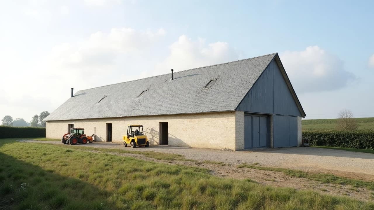 Plaine de Falaise : bâtiments de stockage agricoles et toitures amiantées