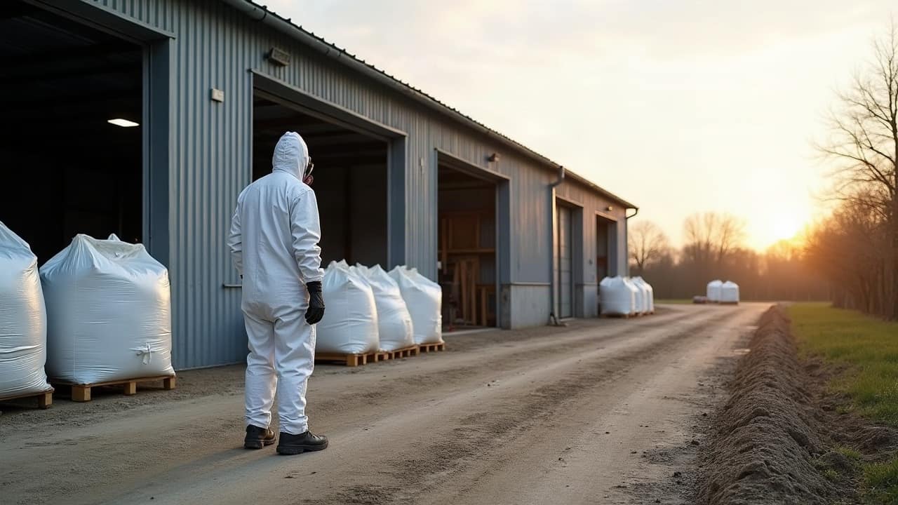 Opérateur en combinaison blanche travaillant depuis une nacelle sur un pignon, plaques de bardage en amiante-ciment déposées entières et empilées au sol.
