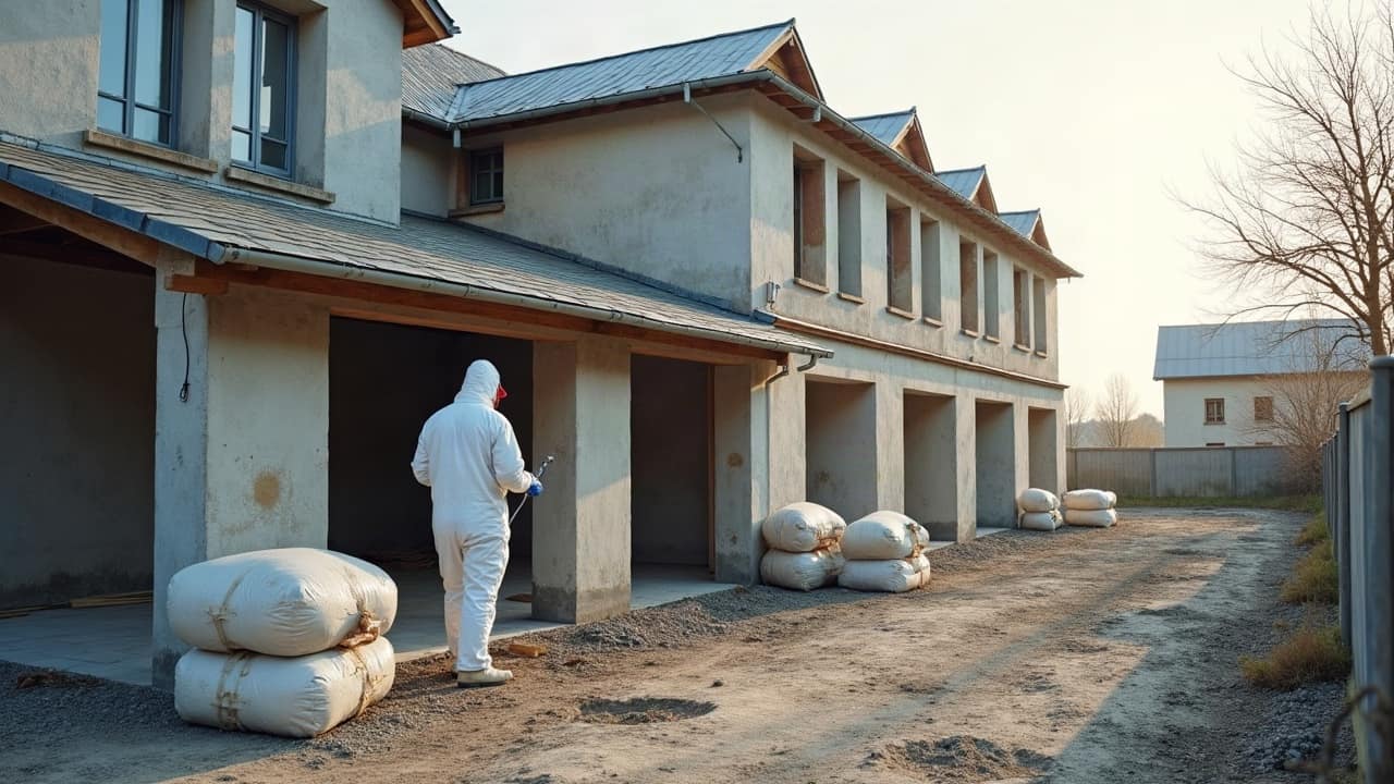Opérateur en combinaison blanche travaillant au sol sous aspiration à l'intérieur d'une pièce confinée par un film plastique et un sas d'accès.