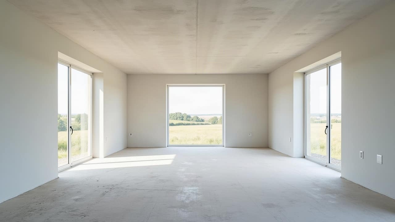 Pièce intérieure vide et propre au sol en béton nu fraîchement décapé, murs clairs et lumière naturelle, aucune trace de dalle ni de colle noire visible.