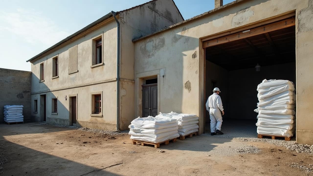Opérateurs en combinaison blanche vus de loin retirant des flocages sous confinement dans un ancien atelier avant sa démolition prochaine.