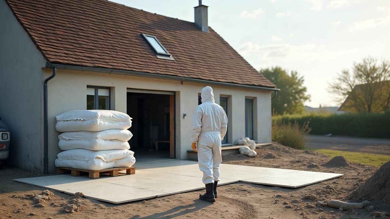 Opérateur en combinaison blanche retirant un faux plafond sous confinement dans une pièce d'appartement occupé, sas d'accès visible à l'arrière-plan.