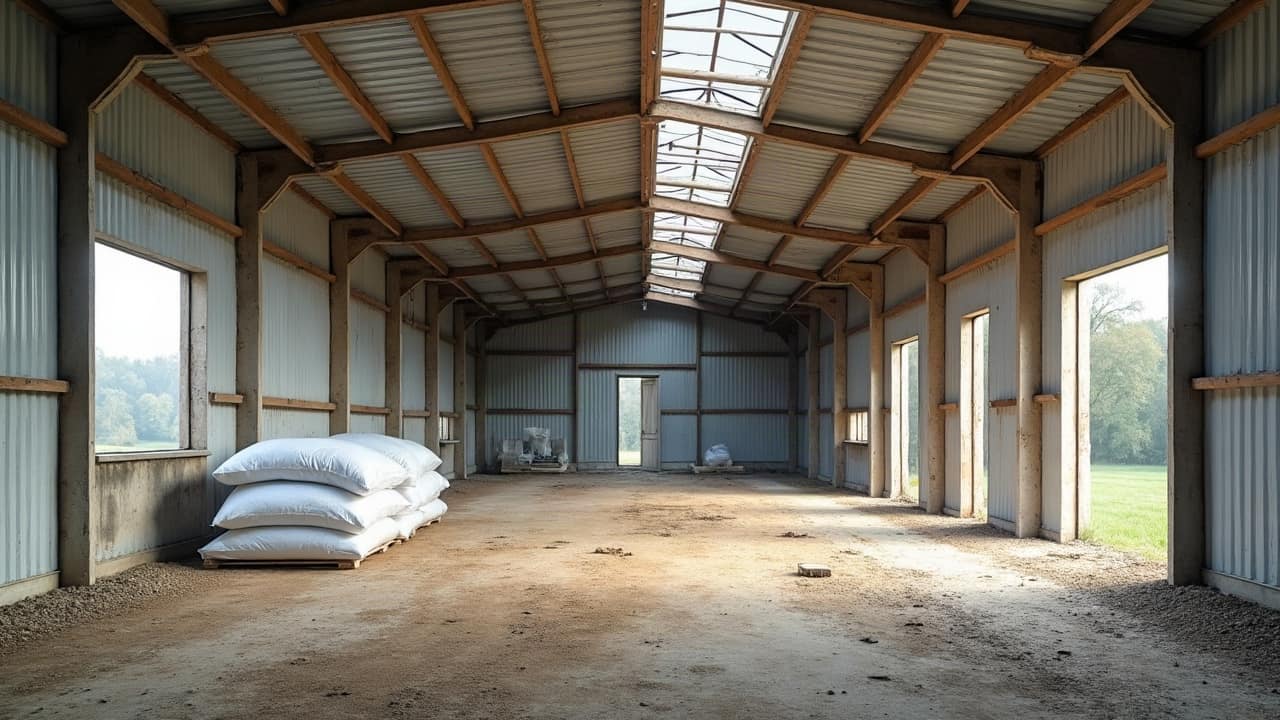 Opérateurs en combinaison blanche vus de loin sur la charpente d'un hangar agricole, plaques translucides et big bags filmés stockés au sol avant évacuation.