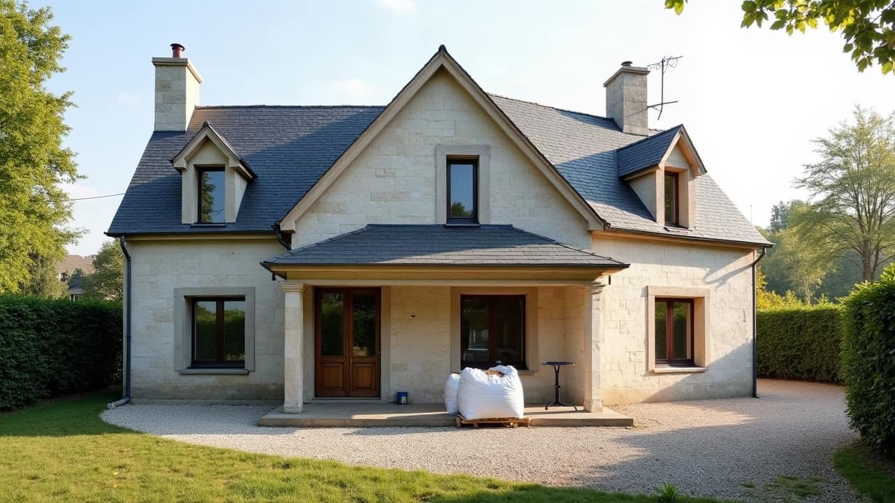 Toiture de pavillon normand entièrement refaite en tuiles claires sous un ciel dégagé, gouttières neuves et façade propre, aucune plaque de fibrociment visible.