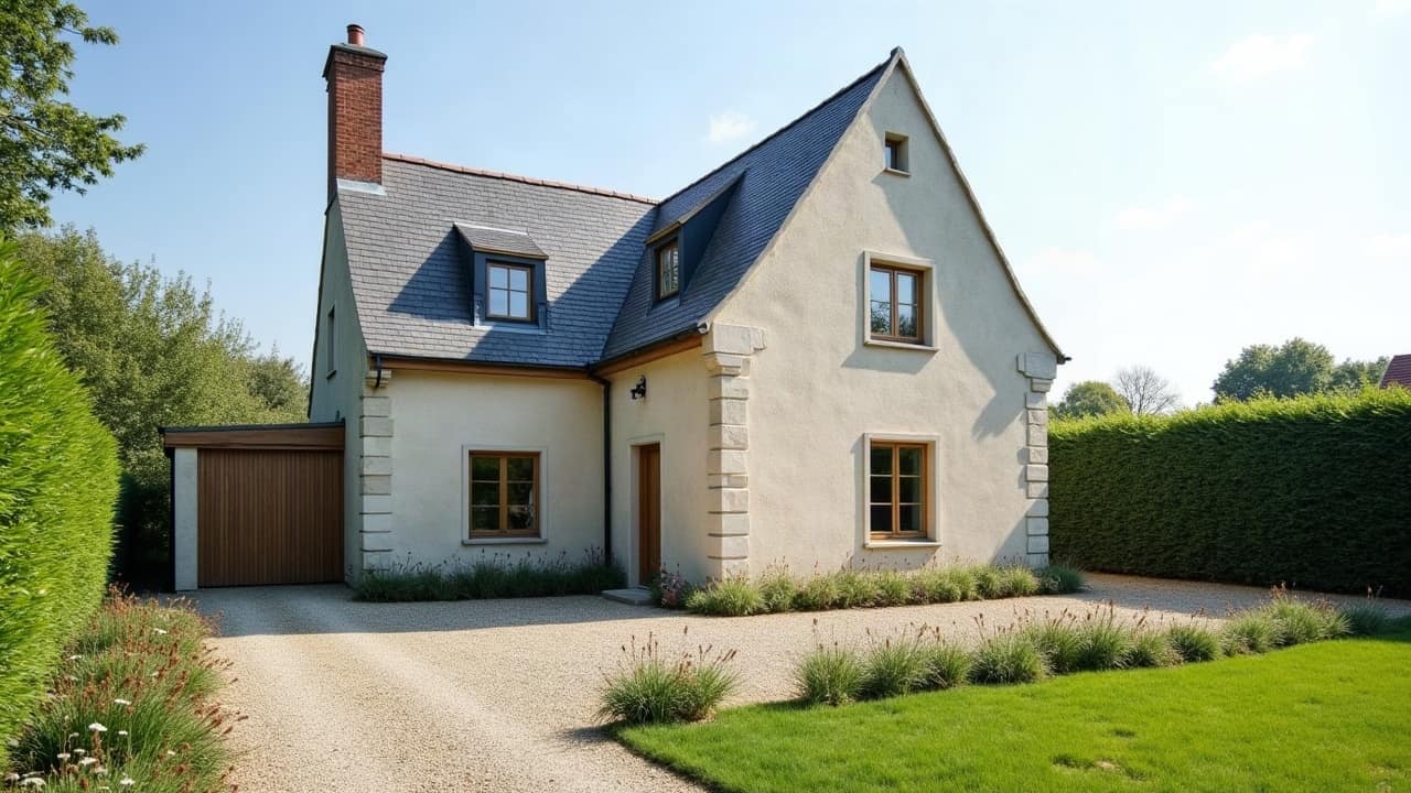 Maison bessinoise en pierre avec toiture neuve posée, jardin propre et bâtiment entier visible, ciel dégagé, aucune personne dans le cadre.