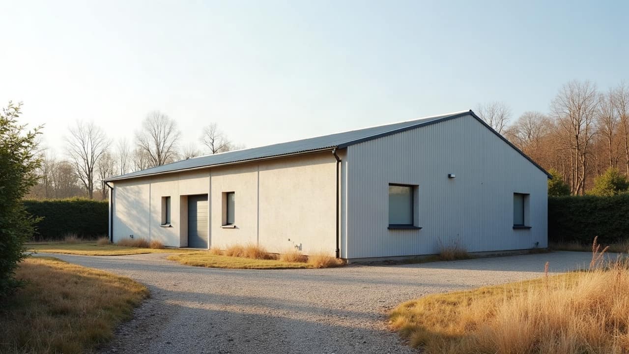 Palettes de matériaux amiantés filmées et étiquetées sur un site industriel en reconversion, opérateur en combinaison blanche vu de loin.