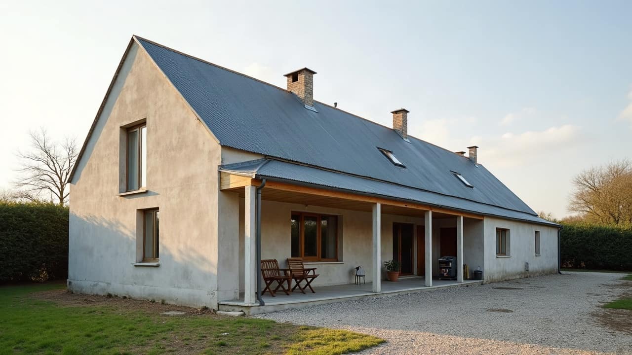 Sas de chantier propre installé devant l'entrée d'une villa en rénovation, matériel rangé, aucune personne dans le cadre.
