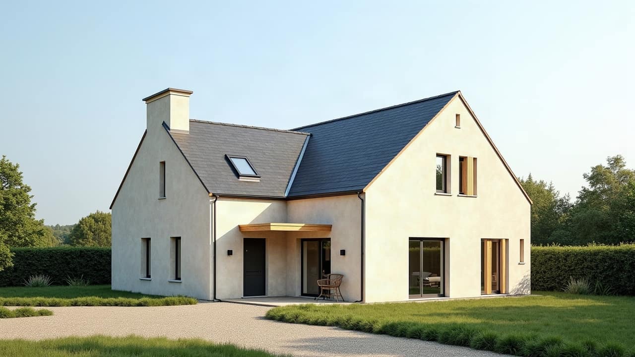 Villa de standing sur la Côte Fleurie avec toiture neuve posée, jardin soigné et allée dégagée, aucune personne visible.
