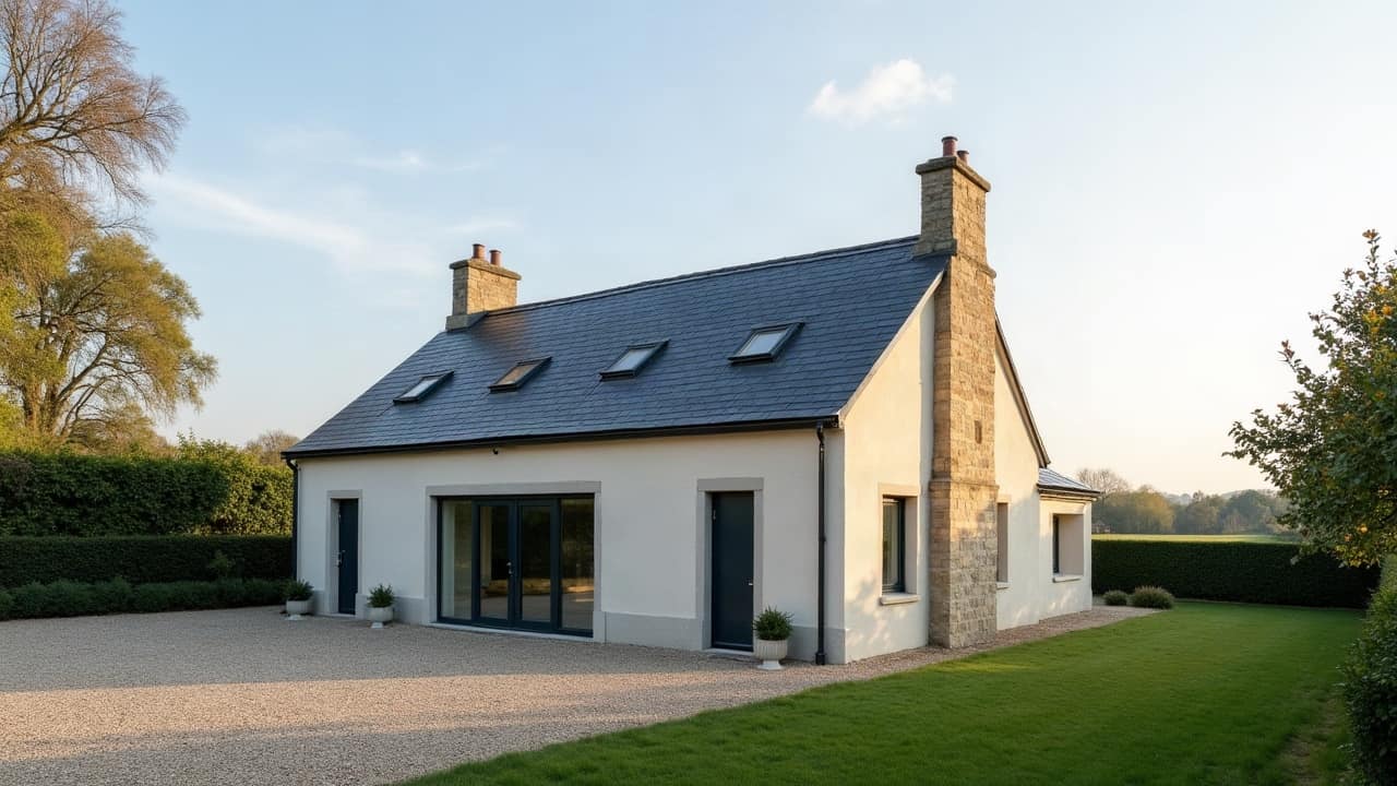 Pavillon du bourg de Douvres-la-Délivrande avec toiture neuve posée, jardin propre, campagne de la Côte de Nacre en arrière-plan, aucune personne visible.