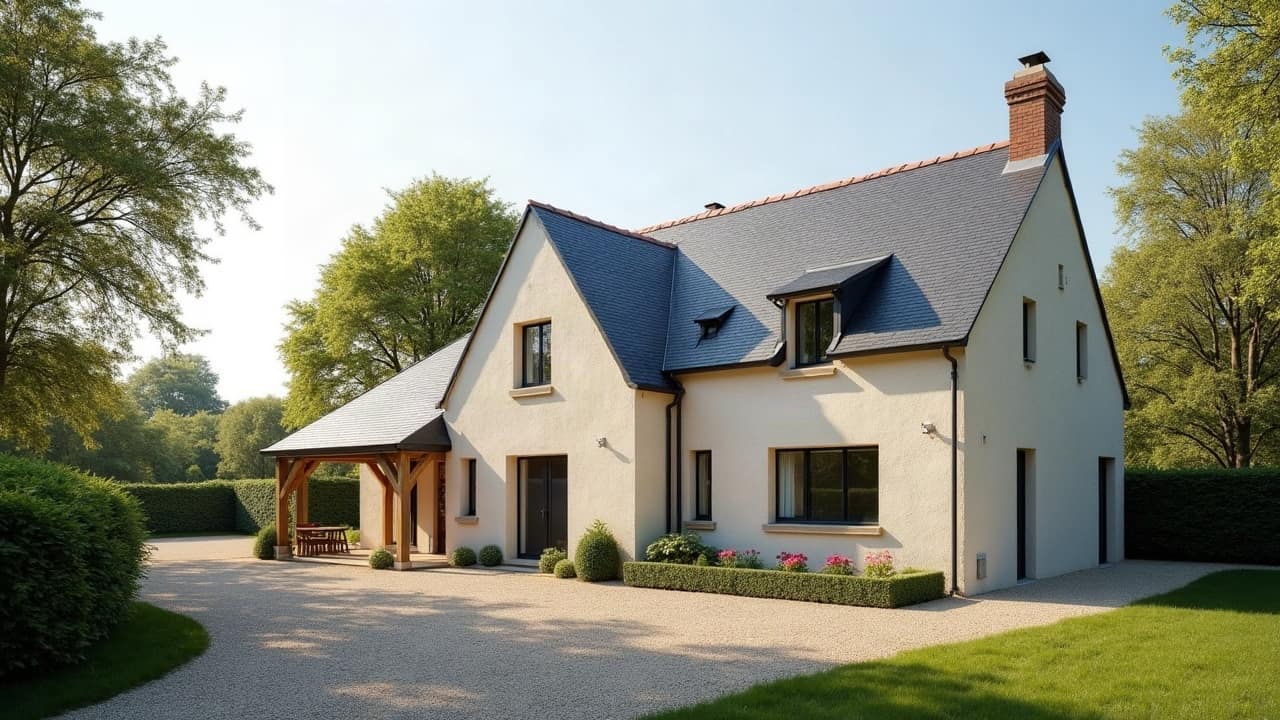 Villa normande ancienne avec dépendance de jardin rénovée, toiture neuve posée, jardin arboré, aucune personne visible.