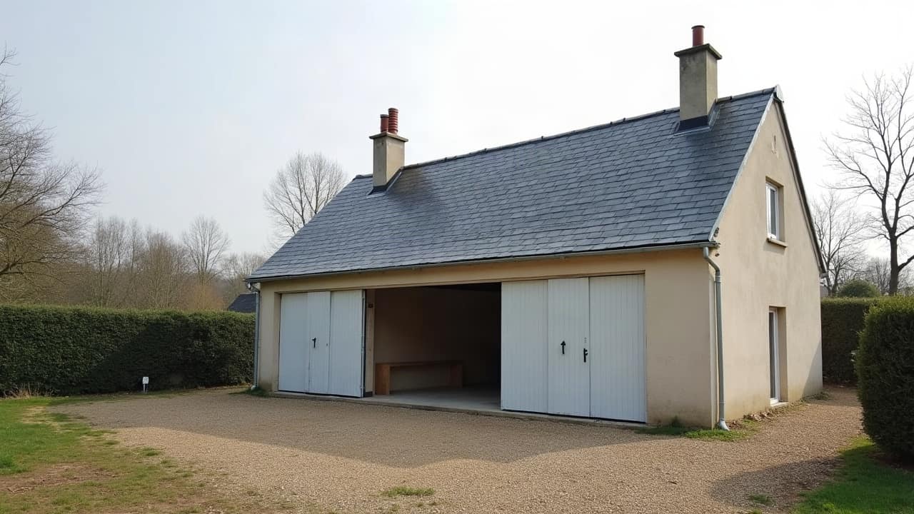 Opérateur en combinaison blanche démontant une plaque de toiture en fibrociment sur un garage, vu de dos.
