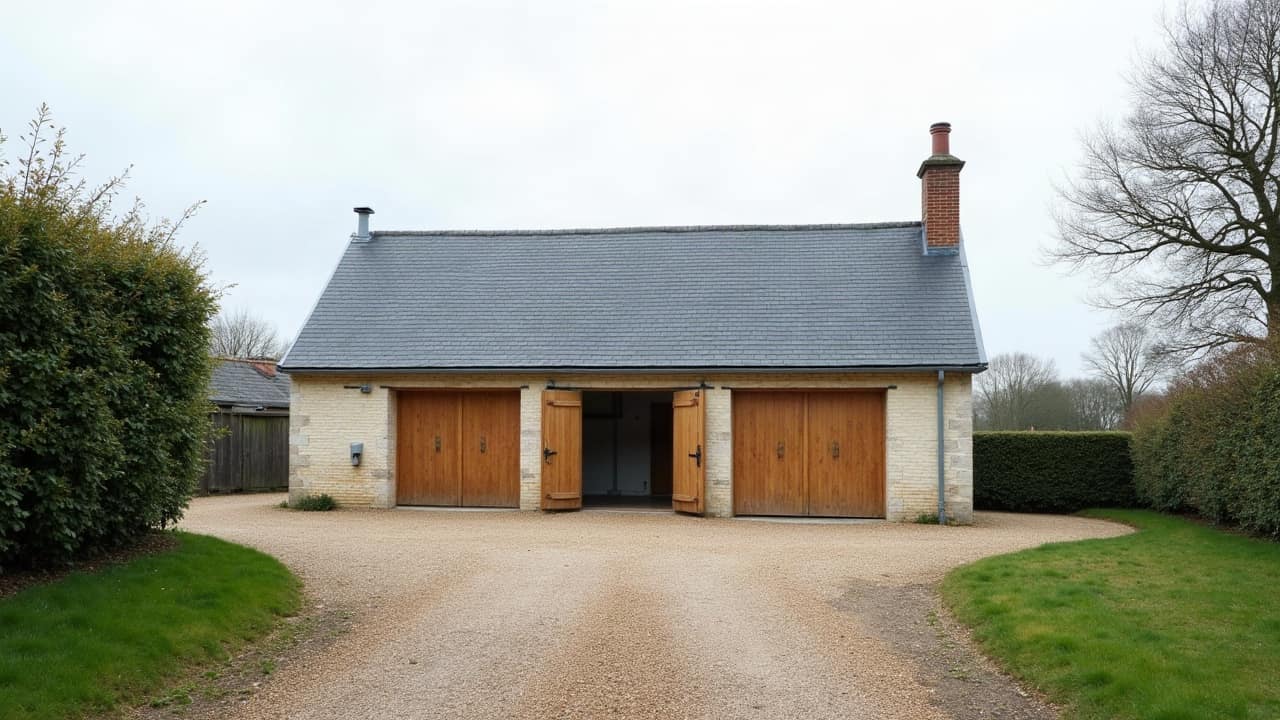 Garage pavillonnaire à Ifs avec toiture neuve posée, jardin propre et allée dégagée, aucune personne dans le cadre.