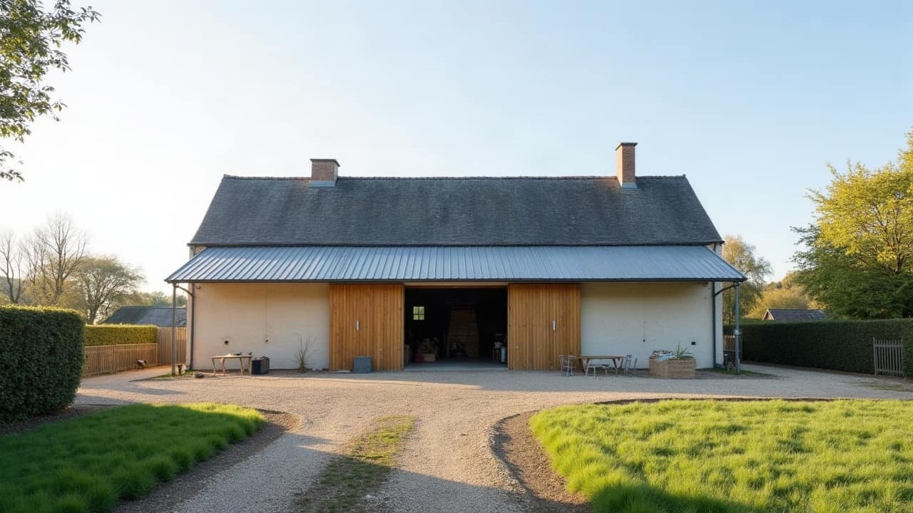 Hangar agricole isolé du Pré-Bocage avec bardage en fibrociment déposé, opérateur en combinaison blanche vu de loin, matériel rangé.