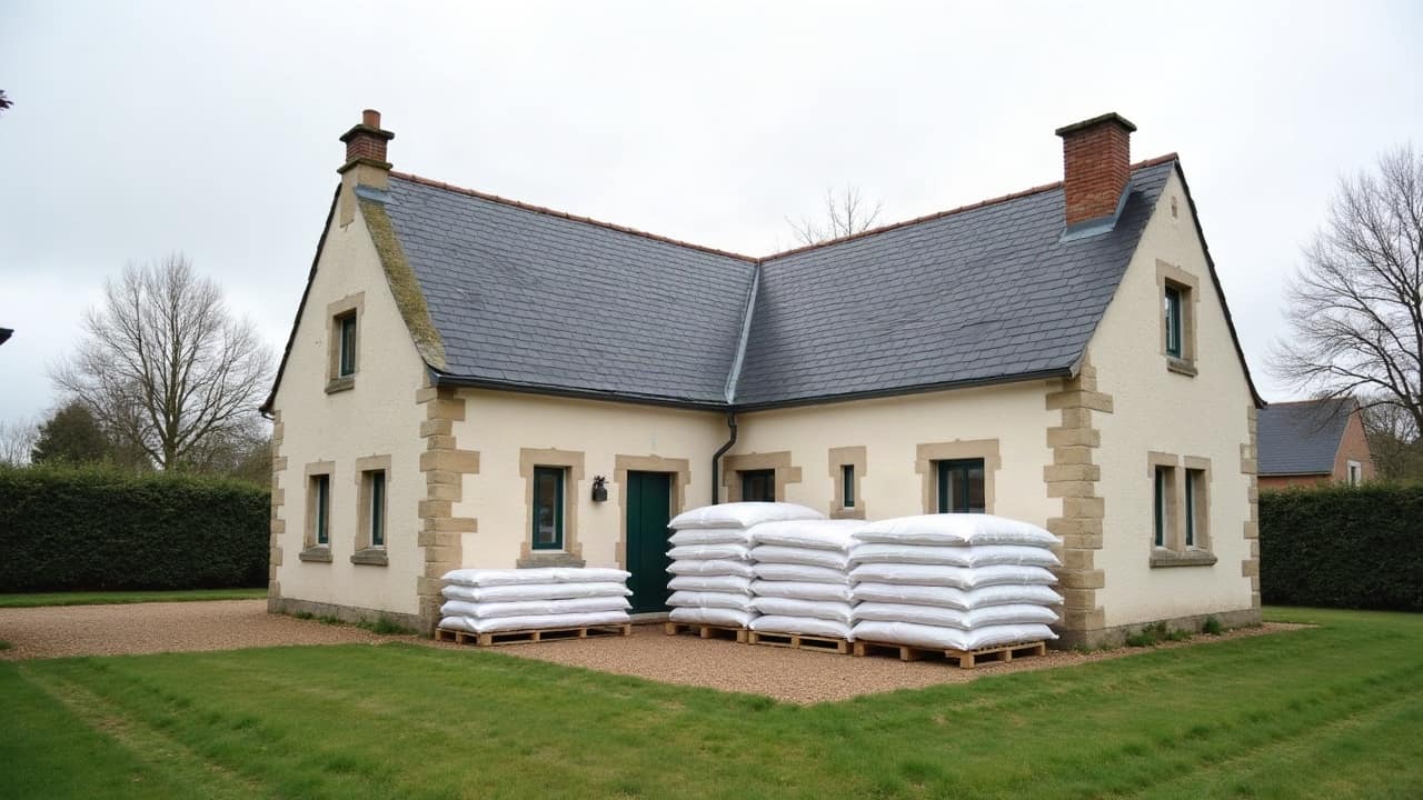 Big bags amiante filmés stockés sur palette devant une stabulation du Bocage, opérateur en combinaison blanche vu de dos au second plan.
