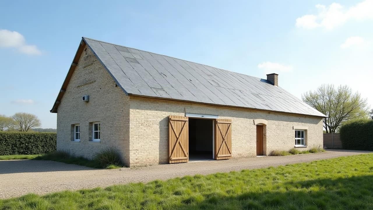 Hangar agricole du Bocage virois avec toiture neuve posée sur l'ensemble du bâtiment, prairie bocagère en arrière-plan, aucune personne visible.