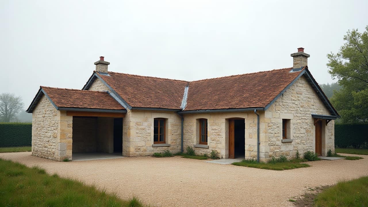 Grange en pierre d'un corps de ferme normand rénovée, structure bois apparente et propre, cour dégagée en avant-plan.