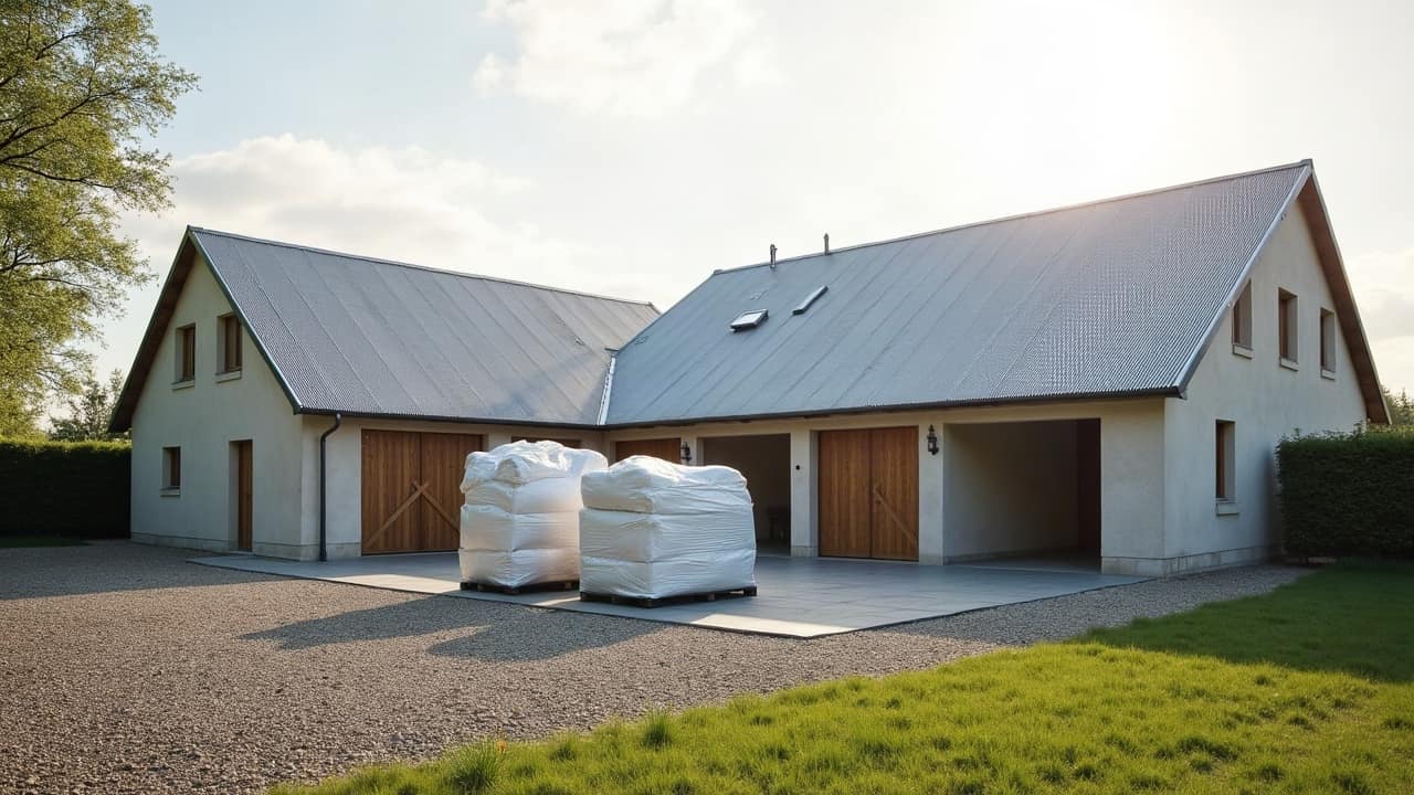 Échafaudage sécurisé installé autour d'une toiture en fibrociment en cours de rénovation, bâches de protection tendues contre le vent.