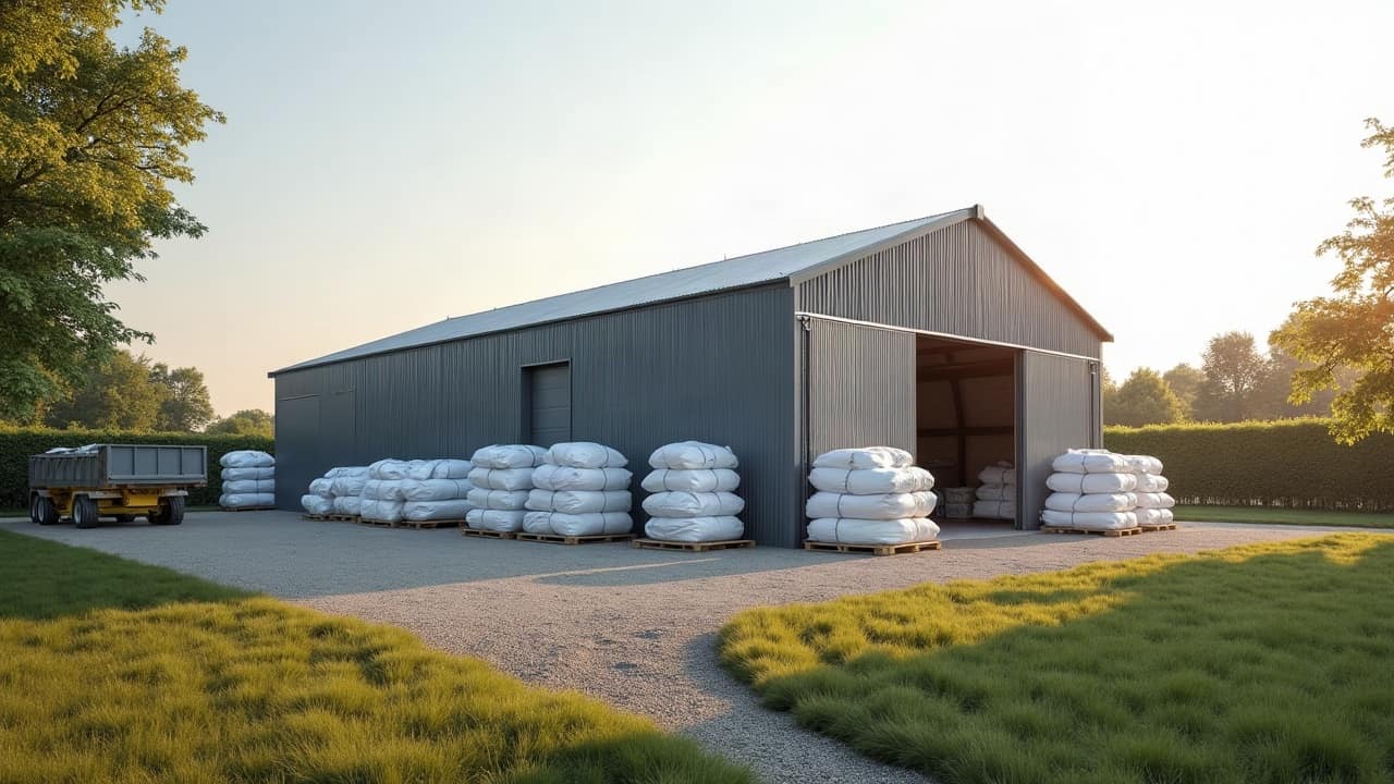 Big bags filmés et palettes de matériaux stockés à l'écart d'un hangar agricole, cour propre, aucune personne visible sur l'image.