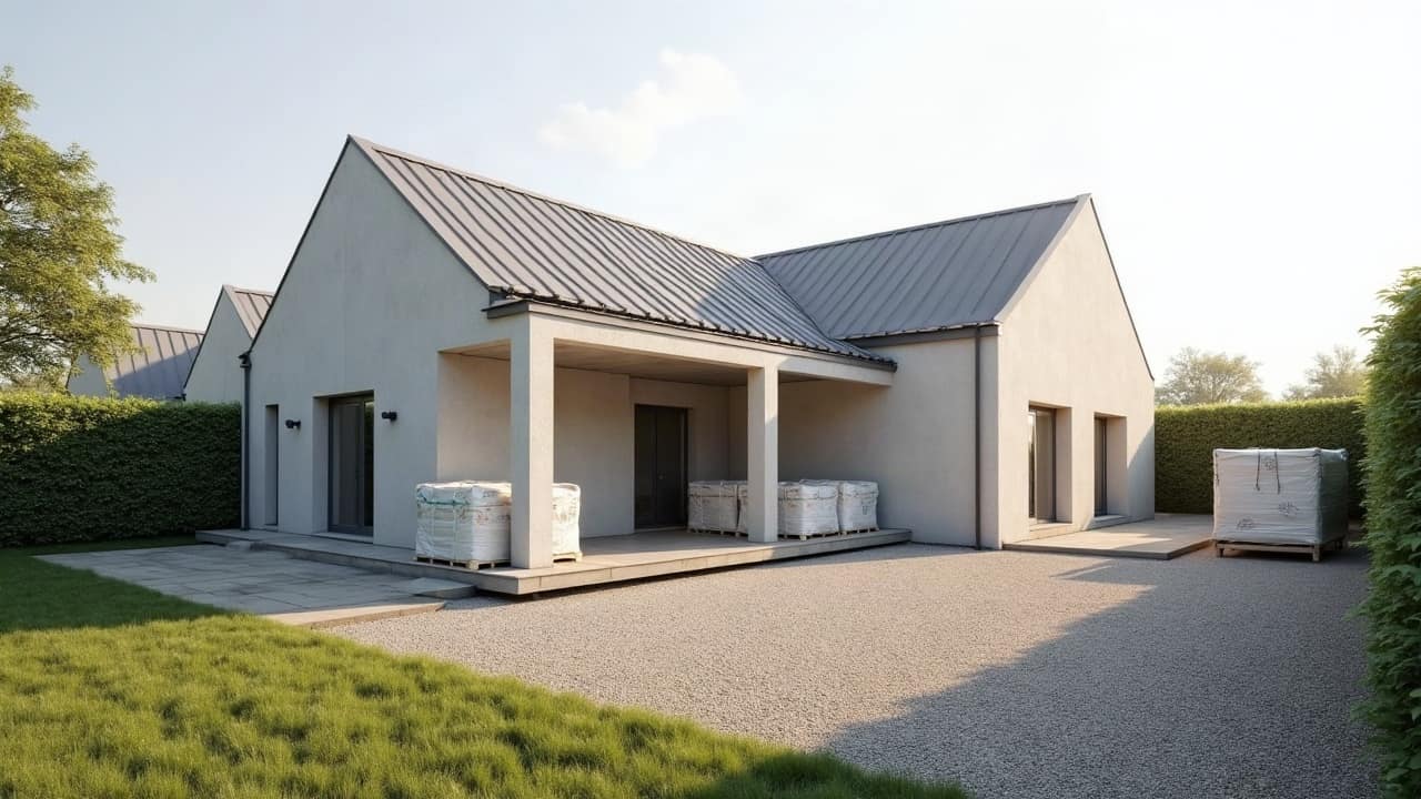 Bâtiment dont la toiture en fibrociment a été traitée et encapsulée, aspect uniforme et propre, structure intacte sous un ciel clair.