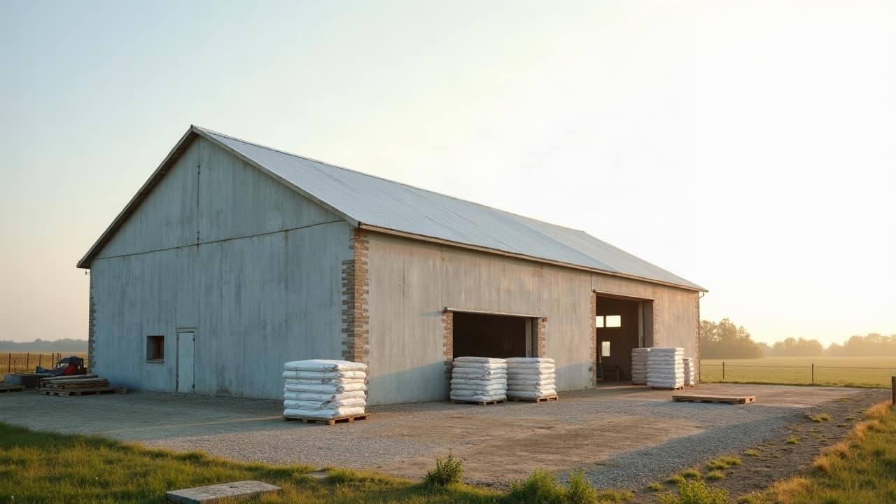 Silo et hangar agricole en fibrociment sous un ciel clair, plaine céréalière ouverte à l'arrière-plan, aucune personne visible.
