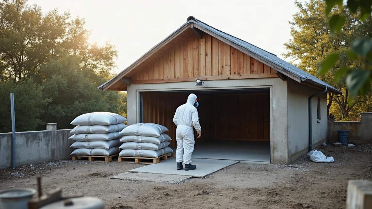 Opérateur en combinaison de protection démontant avec précaution des plaques de fibrociment sur la petite toiture d'un garage, vu de dos.