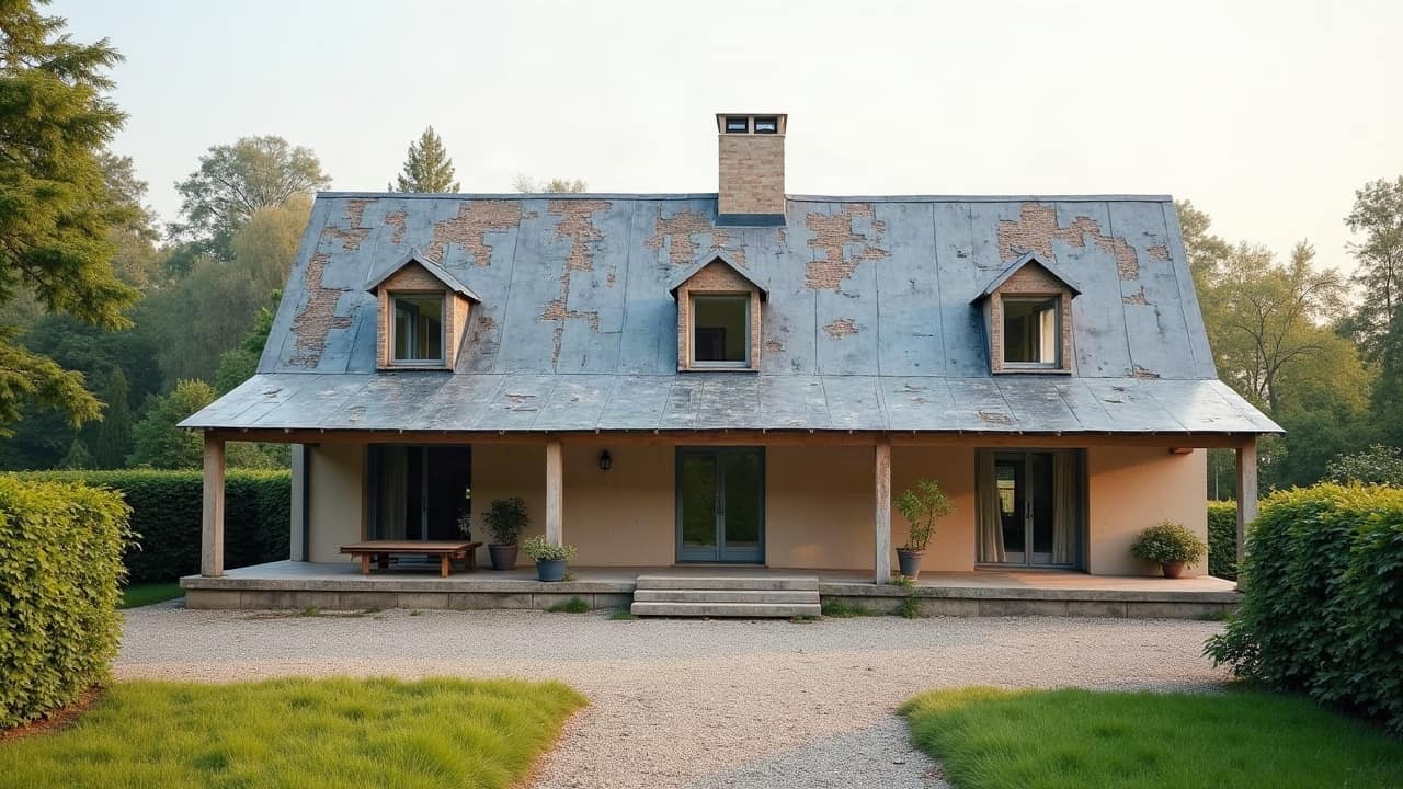 Dépendance basse en fibrociment dans le jardin d'une villa ancienne, toiture vieillie par l'air marin, végétation entretenue alentour.