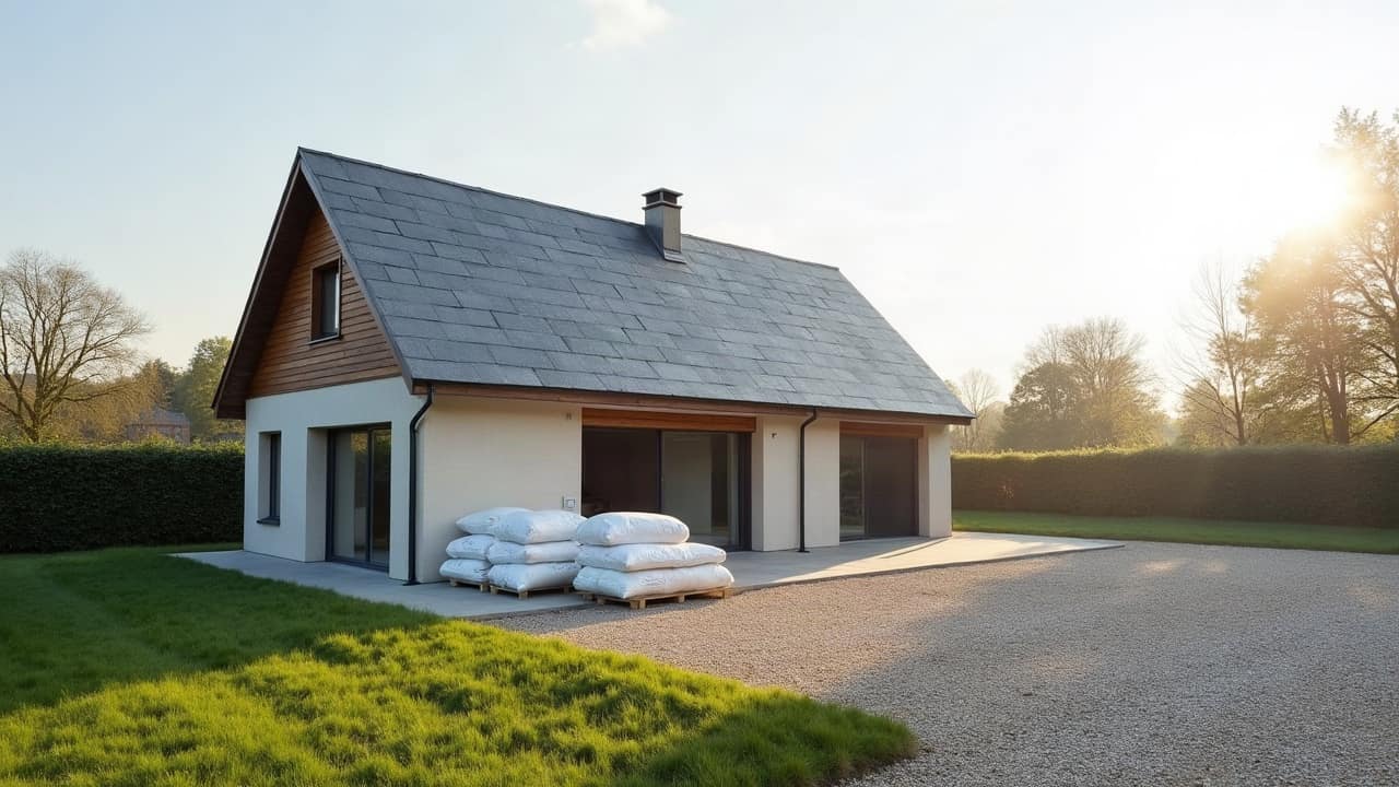Appentis attenant à une longère du Pays d'Auge, toiture en fibrociment déposée et remplacée, structure bois apparente et propre.