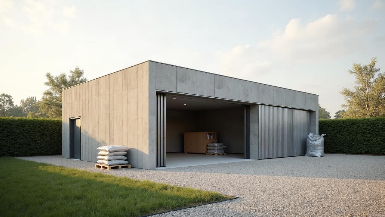 Garage et abri de jardin en fibrociment dans un lotissement balnéaire, jardin entretenu, toiture entière visible sous un ciel dégagé.