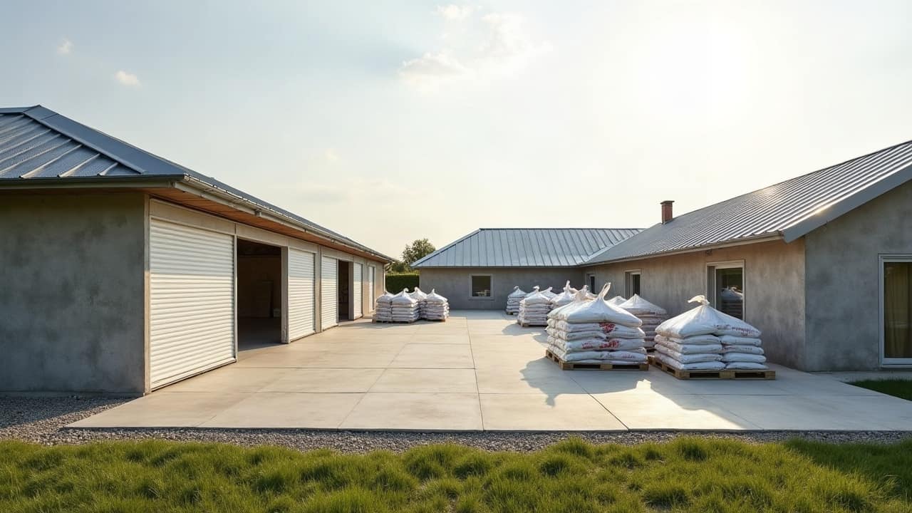 Plateforme de chantier avec big bags filmés et garde-corps sur une toiture agricole, vue d'ensemble sous un ciel dégagé.