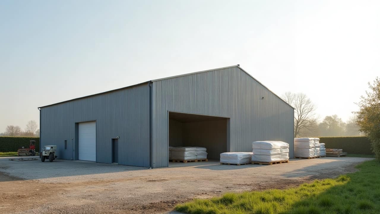 Toiture de hangar agricole en fibrociment gris vieilli, vue rapprochée sans personne, plaques ondulées sous un ciel dégagé.