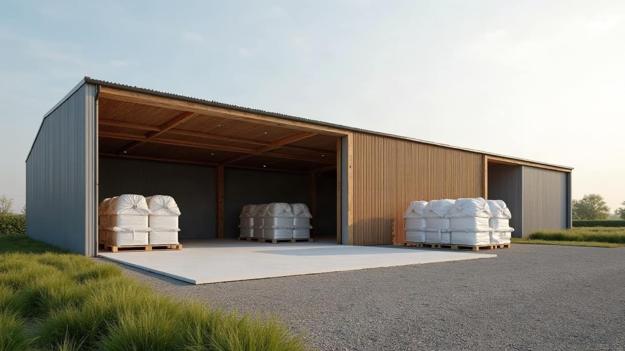 Charpente de hangar dégagée après désamiantage, structure en bois apparente prête pour une nouvelle couverture, aucune personne visible.