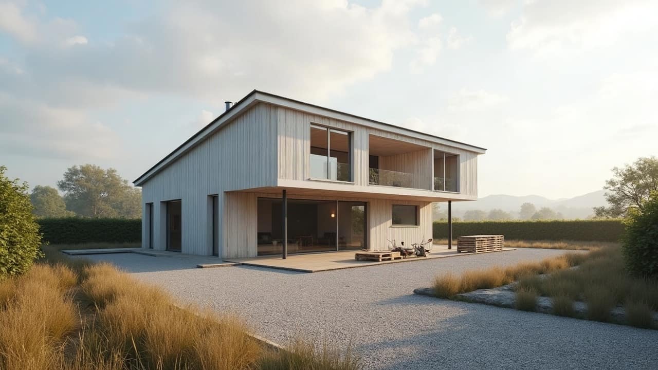 Intérieur de villa en rénovation avec zone protégée par une bâche, matériel de chantier rangé au sol, lumière naturelle, aucune personne présente.