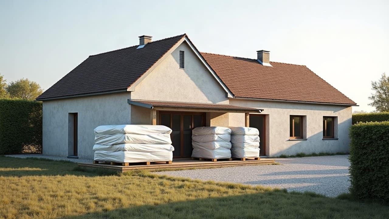 Big bags et palettes filmées de plaques de fibrociment déposées, disposés dans la cour d'une exploitation agricole du Bessin avant évacuation.
