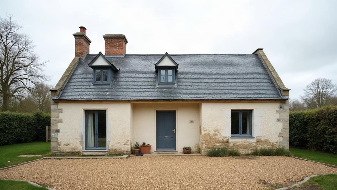 Toiture en fibrociment d'un pavillon caennais vue depuis la rue, jardin propre au premier plan, ciel dégagé, aucune personne visible.