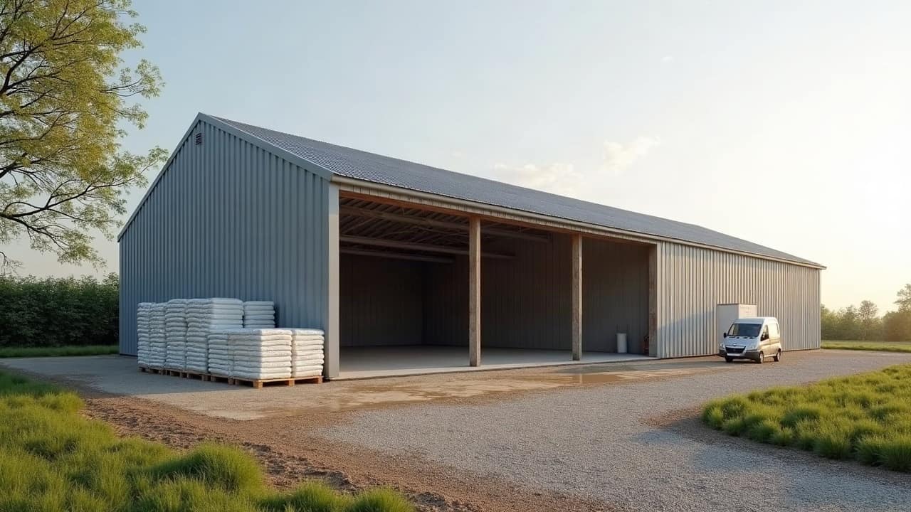 Toiture de hangar agricole en fibrociment vue de dessous, charpente apparente et plaques ondulées vieillies par endroits.